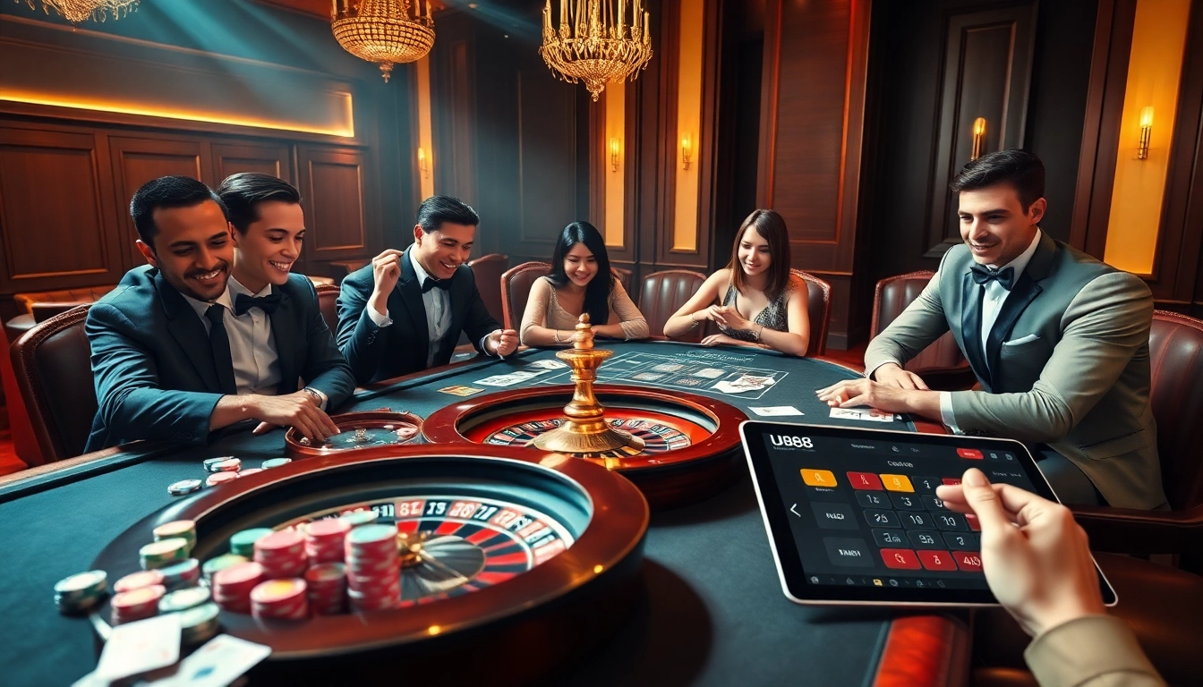 Exciting casino game scene featuring U888 branding with vibrant chips and attentive players.