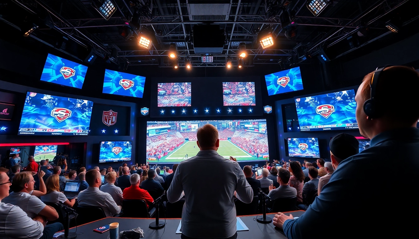 Engaging sports broadcasting scene showcasing a dynamic studio and live events.
