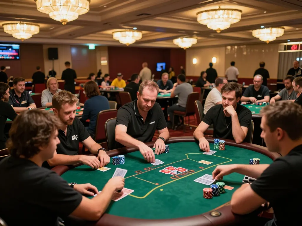 Players engaging in strategic poker gameplay on lively casino floor at kk44 event