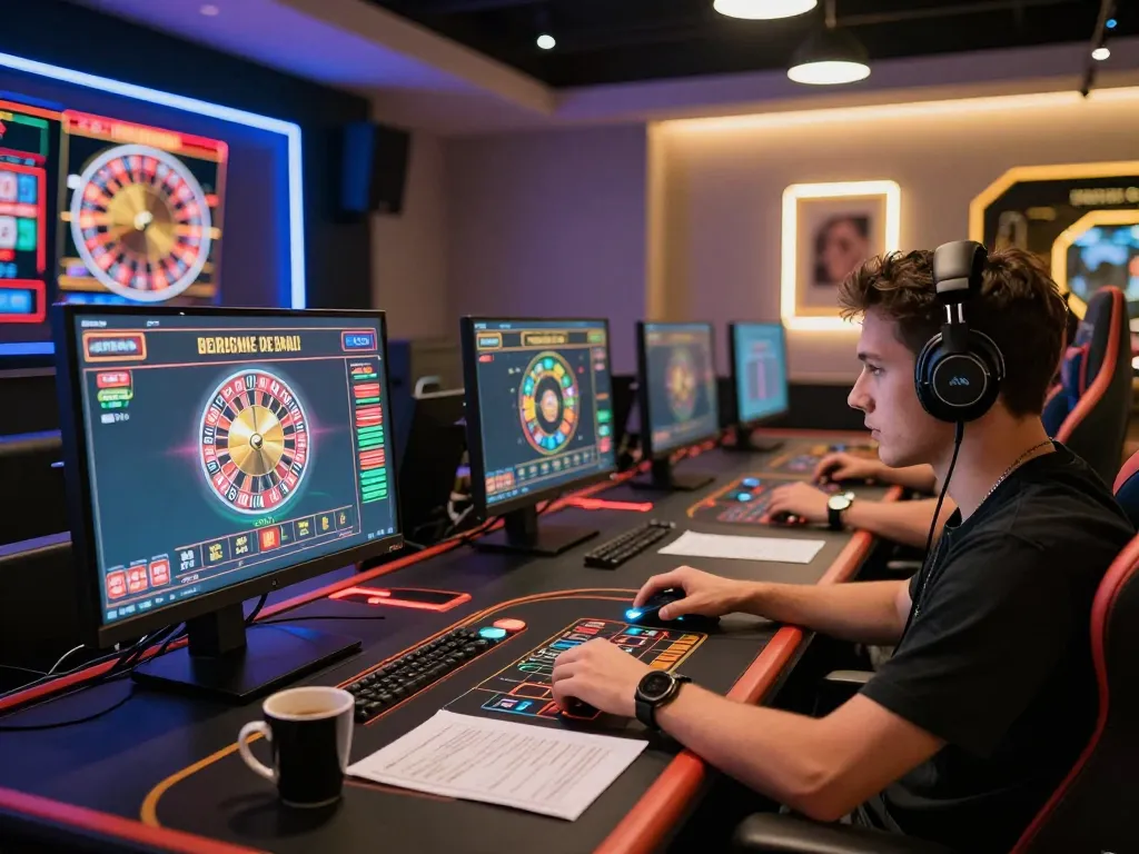 Player engaging in online casino games using multiple screens in a bright, professional gaming setup.
