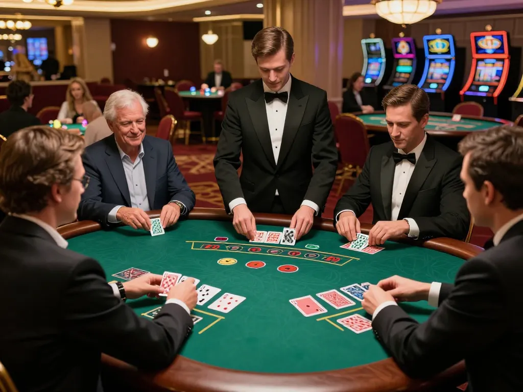 Engaging blackjack gameplay at tx88 casino with attentive players and dealer focused on cards.