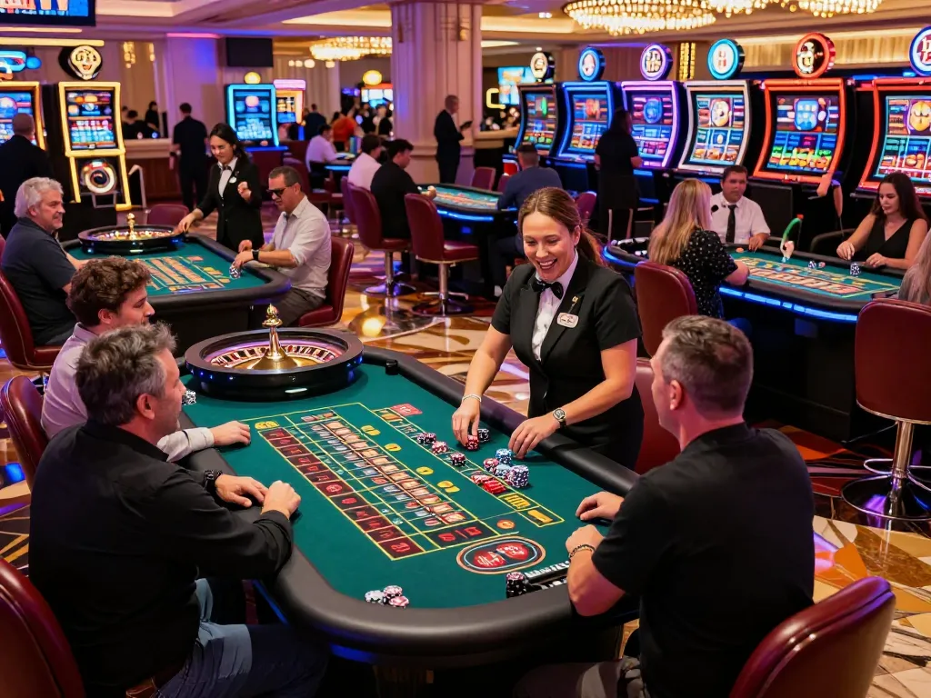 Experience the excitement of aa888 gambling at a vibrant Vegas casino with players at roulette tables.