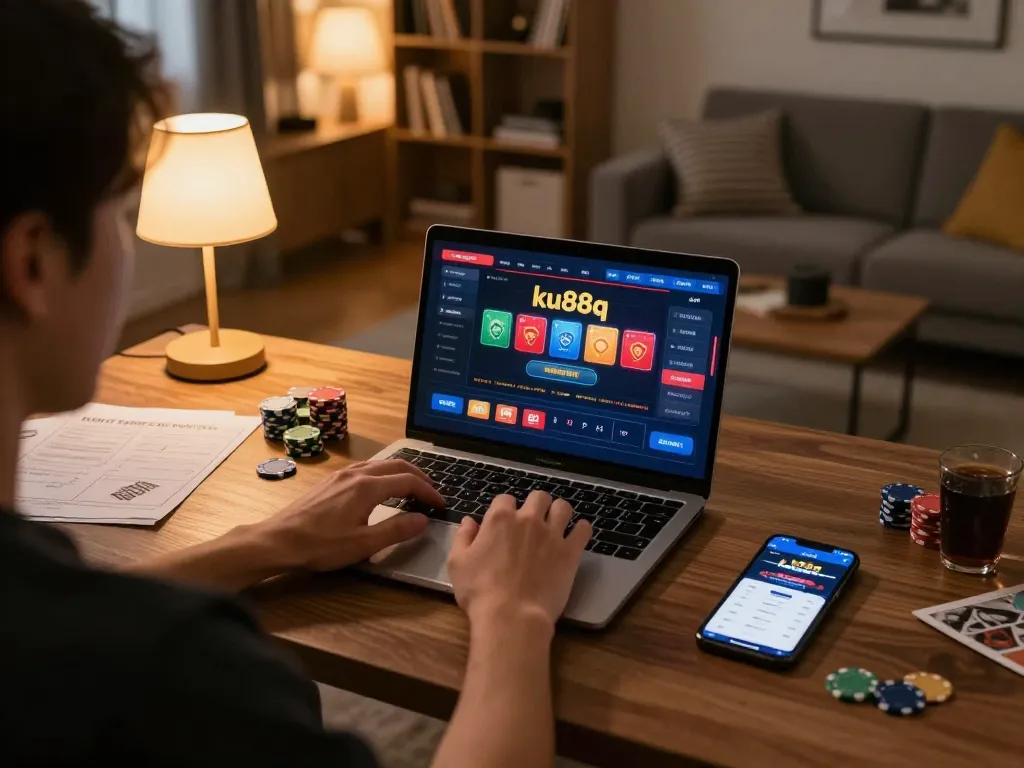 Engaging in strategic gameplay on ku88q online casino platform from a cozy home setup