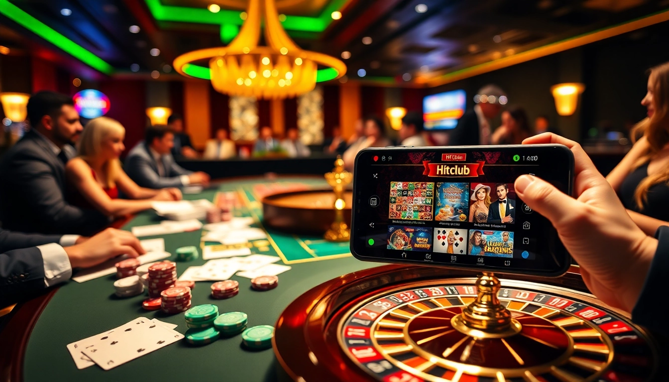 Gamblers enjoying the Hitclub gaming app at a vibrant casino table with cards and chips.