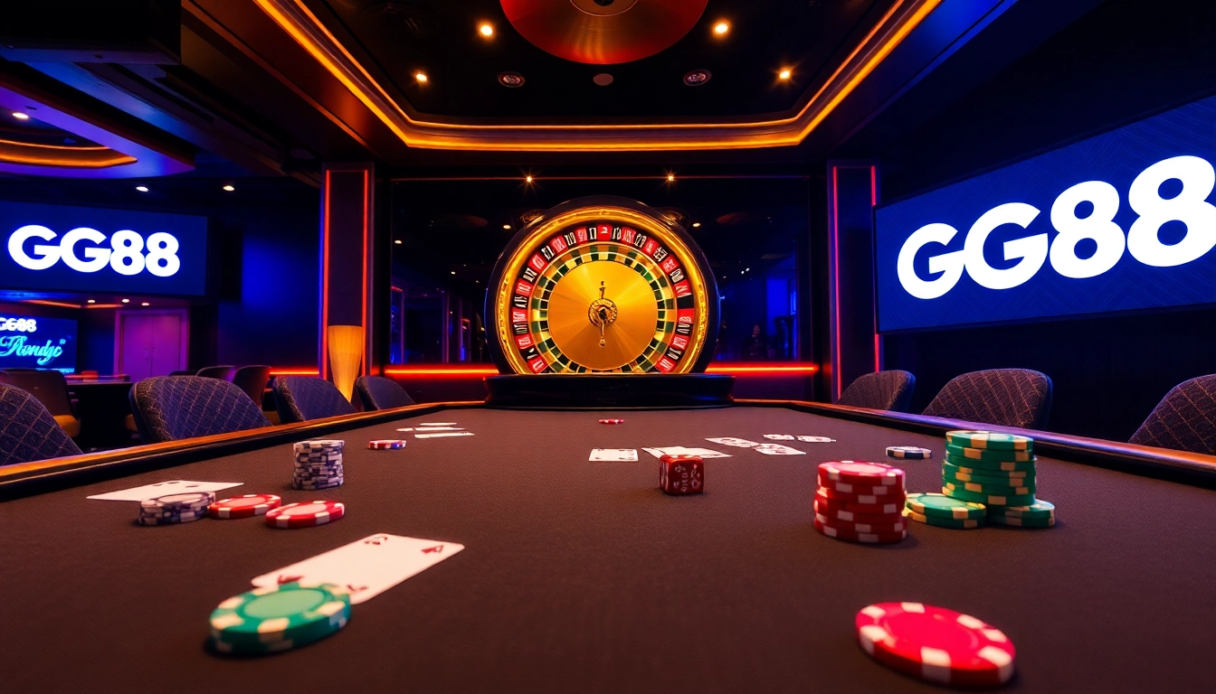 Exciting casino gaming setup featuring https://gg88.media/ with poker chips and a roulette wheel in play.
