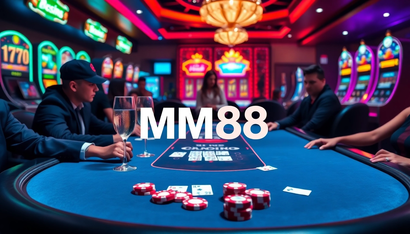 MM88 poker table filled with excited players and vibrant gambling atmosphere.