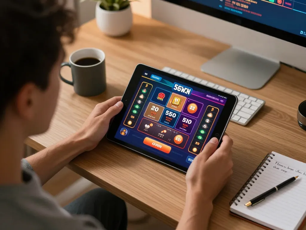 Player enjoying 56WIN live dealer games on tablet with strategy notes nearby