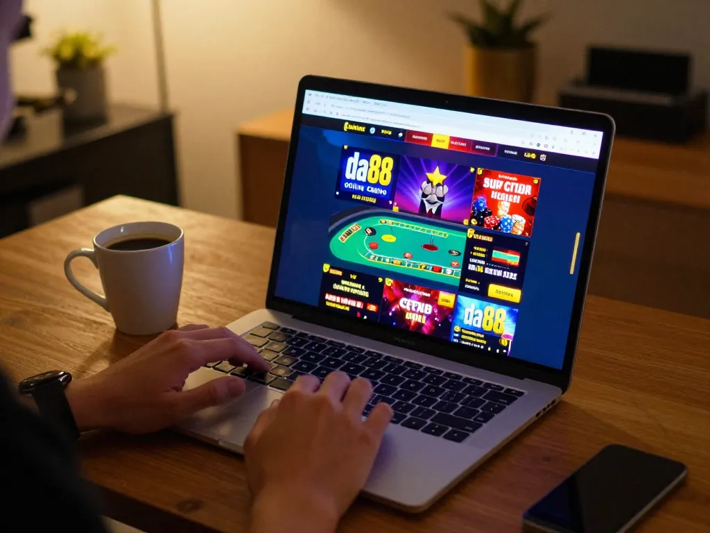 Engaging player at da88 online casino, ready to place bets on blackjack with vibrant graphics.