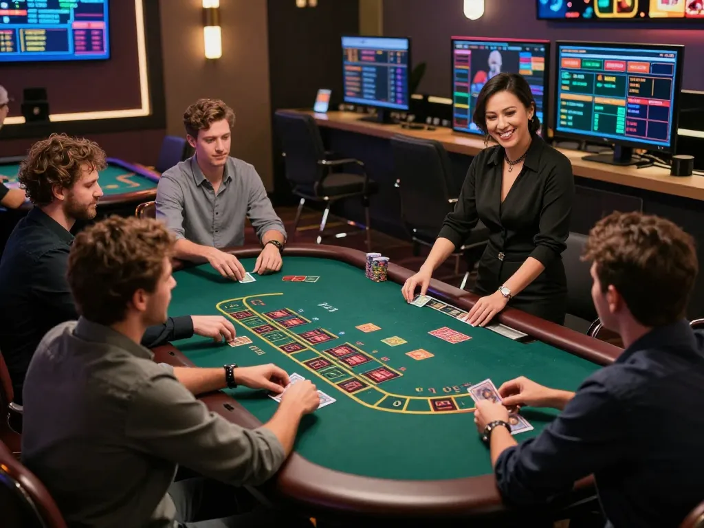 Debet players engaging in live blackjack with dynamic dealer, showcasing strategic online gaming experience