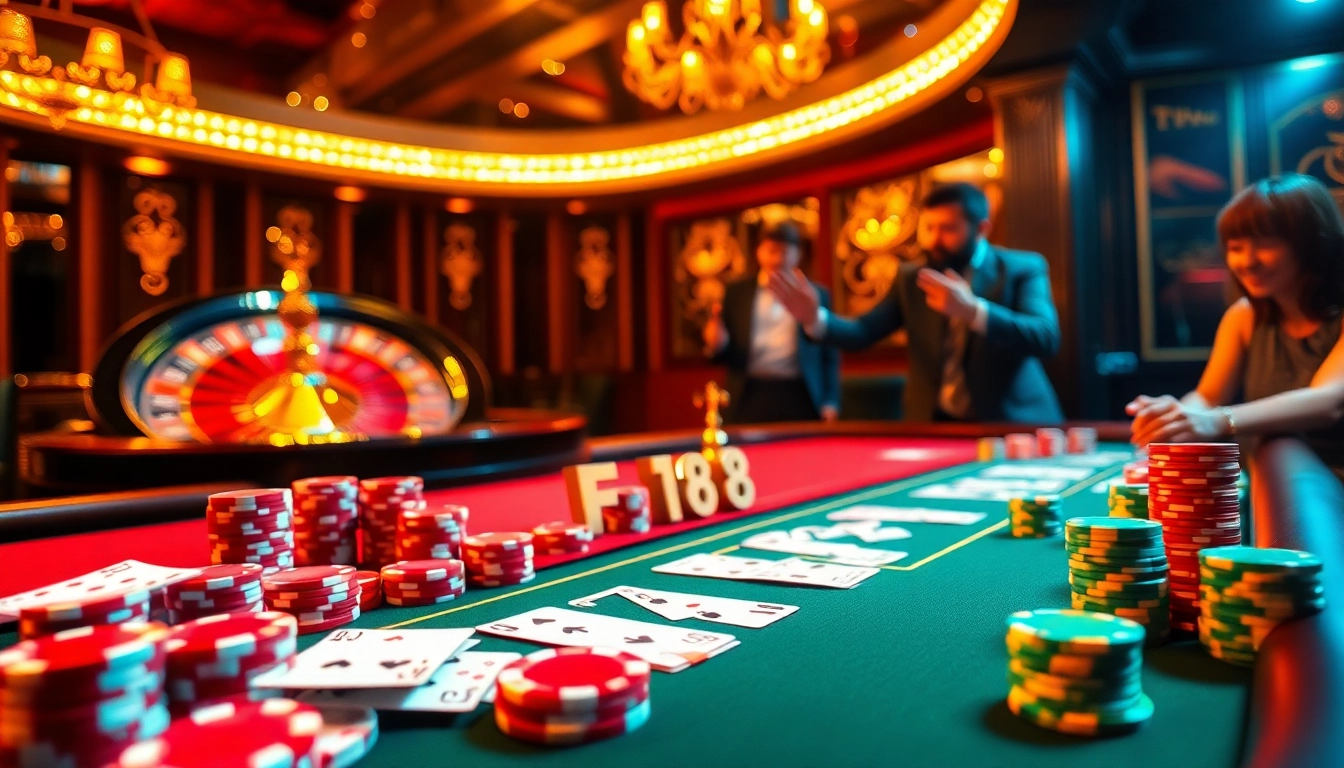 Players engaging in a thrilling game at F168's luxurious poker table, highlighting excitement and luxury in casino gaming.