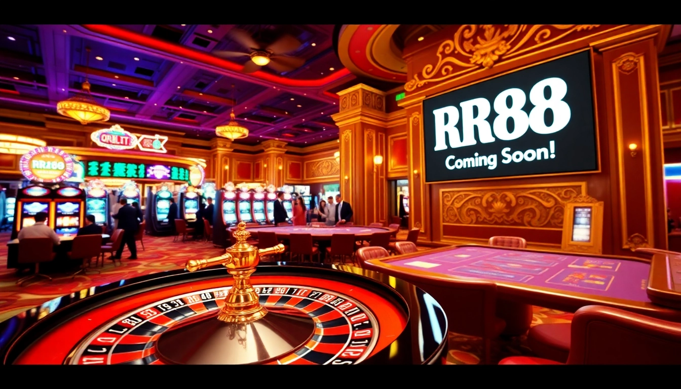 Experience the excitement of RR88 as players engage with vibrant casino games in a luxurious setting.