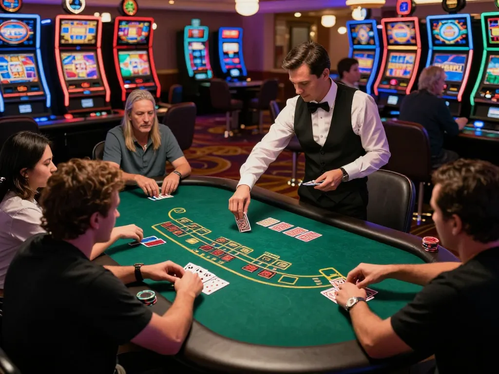 Players engaging in intense blackjack gameplay at a vibrant casino with TT88 card tables