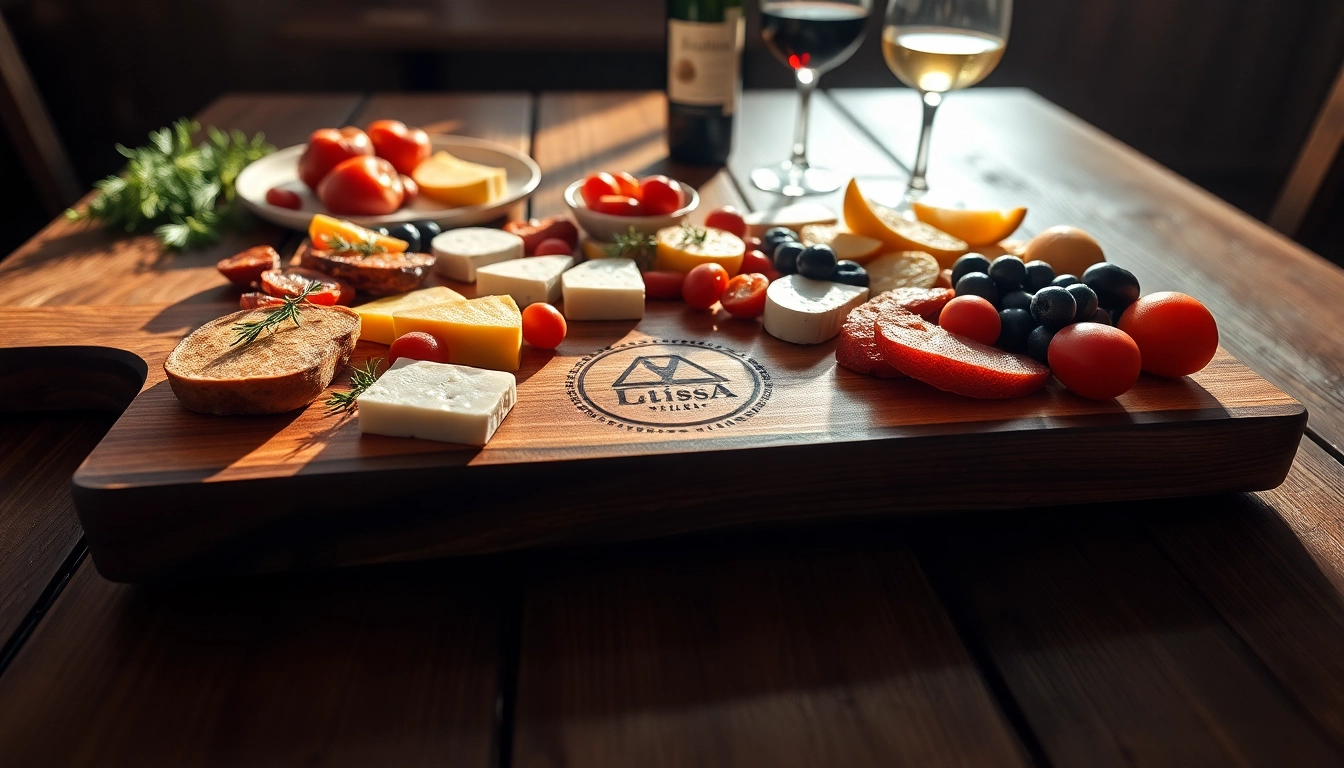 Een schitterende borrelplank met logo, elegant weergegeven met een assortiment tapas en kazen, perfect voor bijeenkomsten.