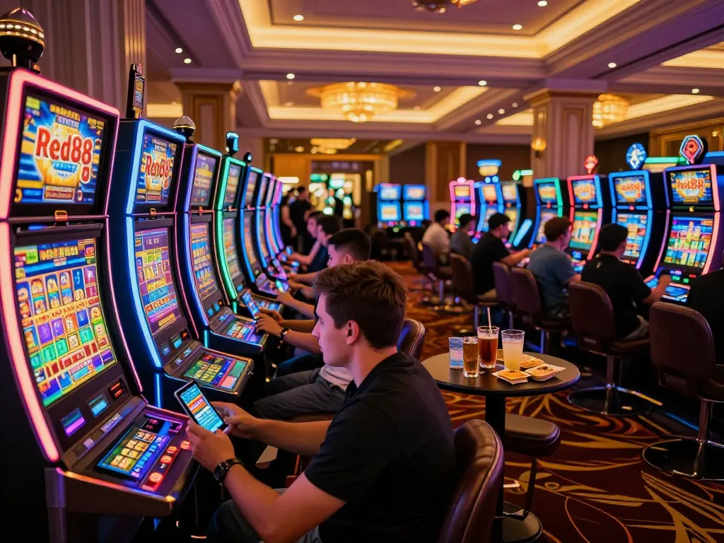 Players enjoying slots at Red88 chính thức casino under vibrant neon lights