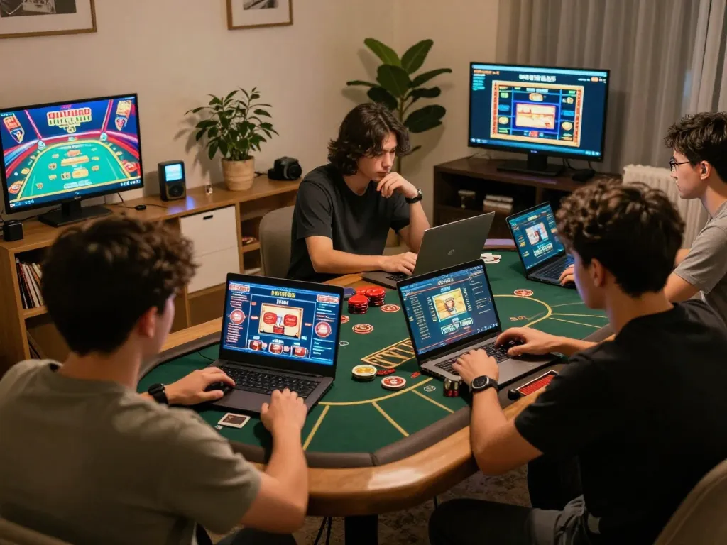 Players engaging with SV368 online casino games in a cozy home setting, showcasing strategic gameplay
