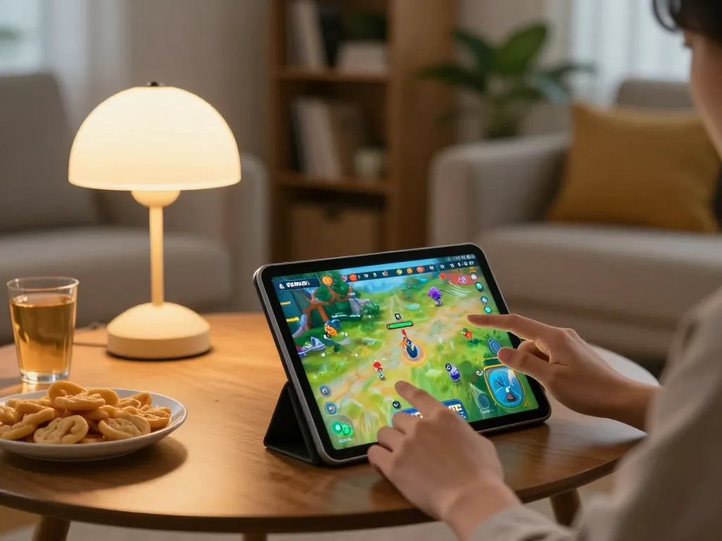 Bắn cá Fabet gameplay on tablet showcasing vibrant graphics in a cozy home setting