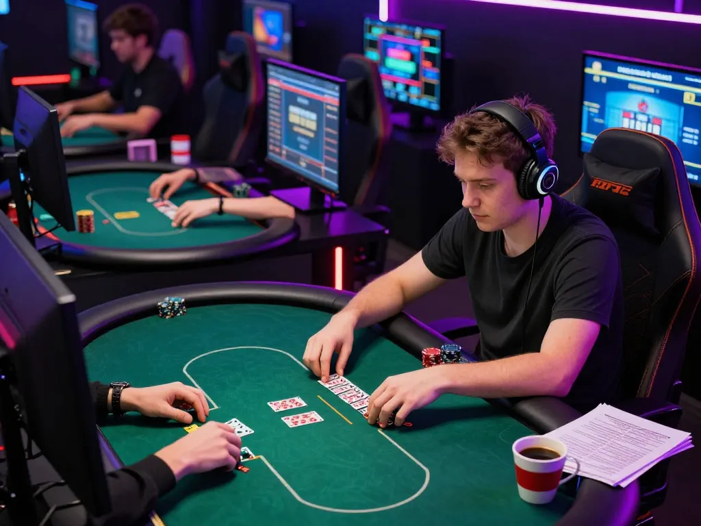 Play poker online at ta88pro.com with multi-screen setup showcasing intense gameplay.