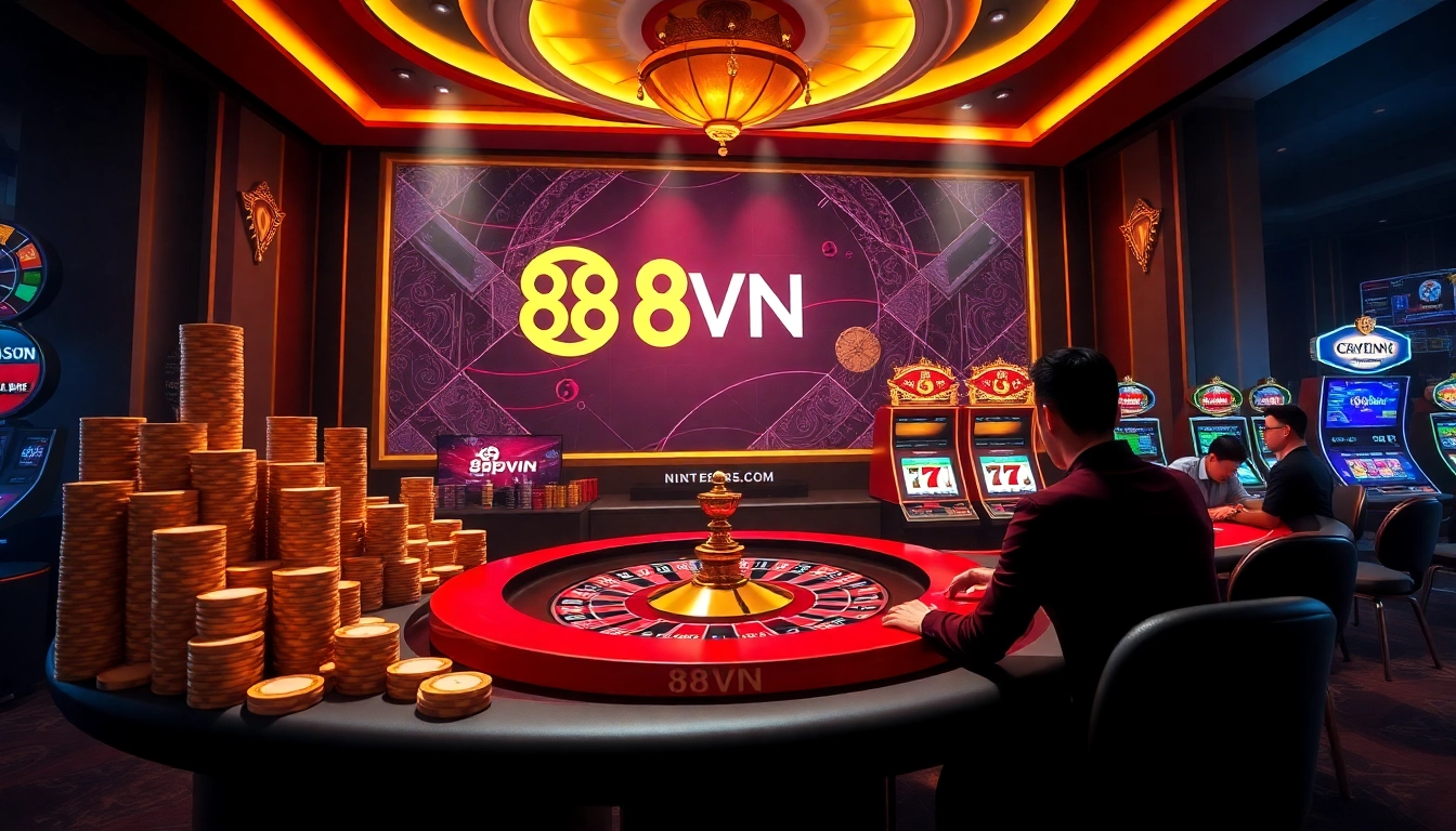Experience the thrill of gaming at trang chủ 88vn with a vibrant casino scene showcasing poker chips and slot machines.