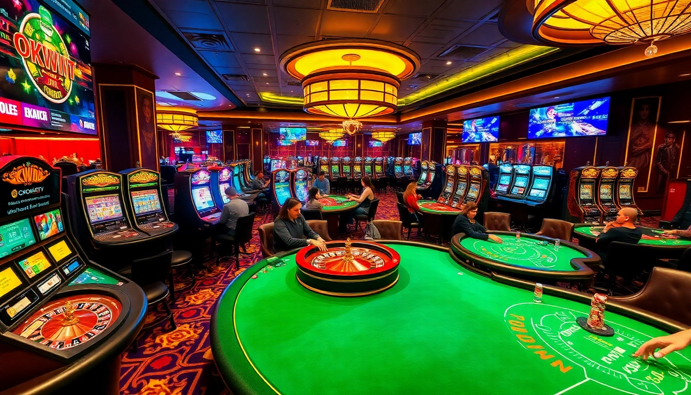 Engage with intense poker action at Okwintv featuring vibrant tables and glowing slot machines.