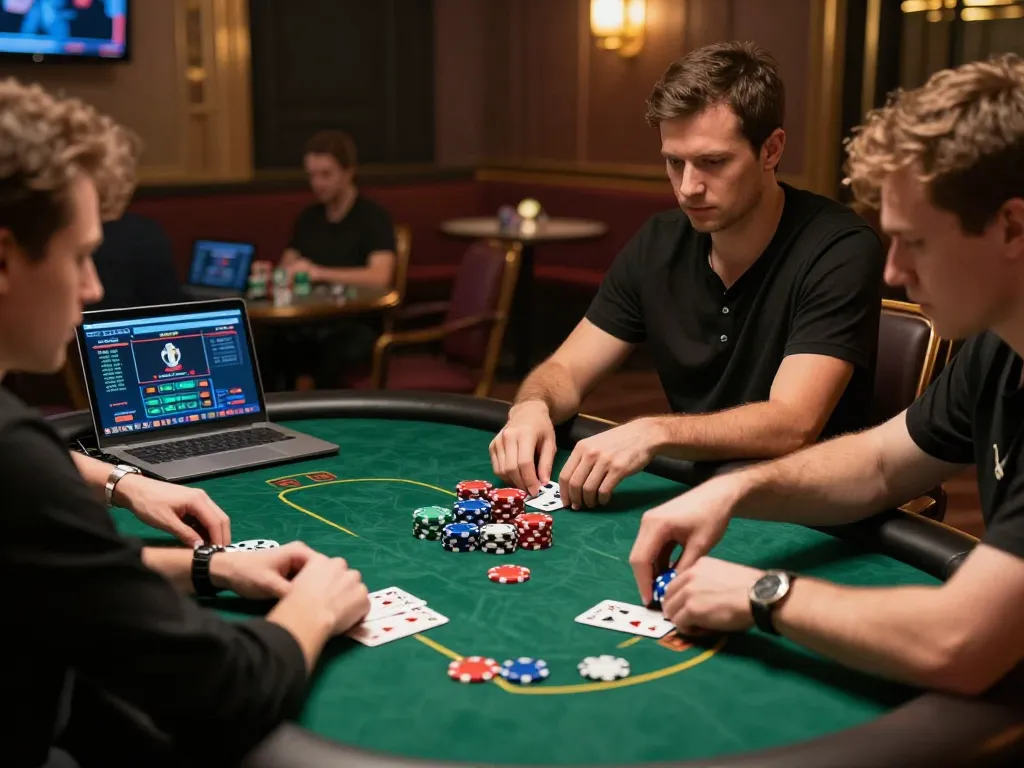 LC88 players strategizing at a competitive online poker game, colorful chips and screens visible.