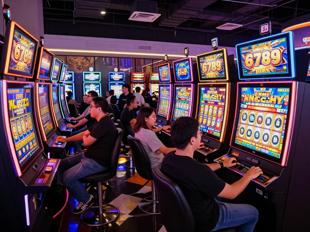 Excited players enjoying nổ hũ 6789 slot games at a lively casino atmosphere with vibrant lights and sounds