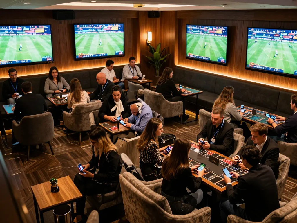 MAX88 patrons engaging in sports betting at a stylish lounge with screens showing live games
