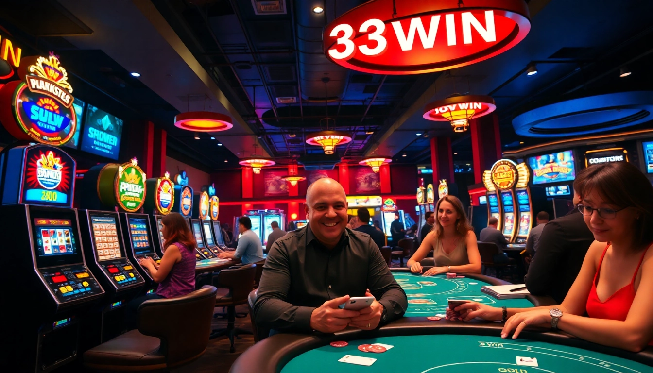 Thrilling casino experience at https://www.33win.photo/ featuring players enjoying diverse games with vibrant lighting.