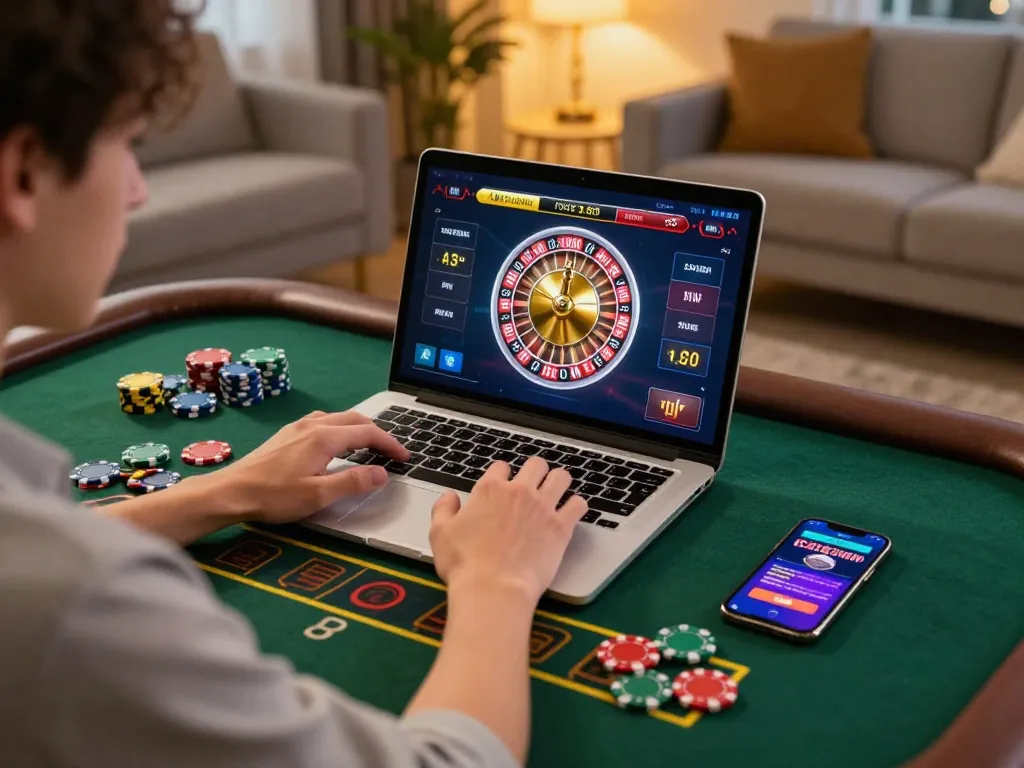 Player enjoying red88 online casino gaming on laptop with colorful roulette interface.