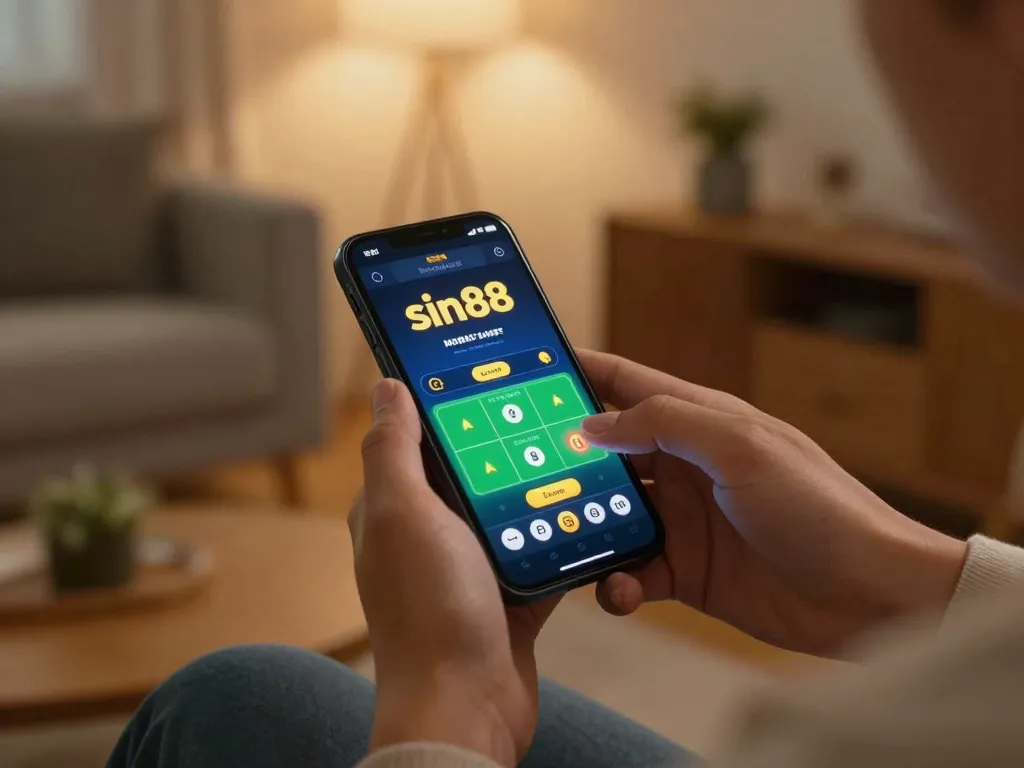 Player using the sin88 mobile app for online gambling in a cozy home setting.