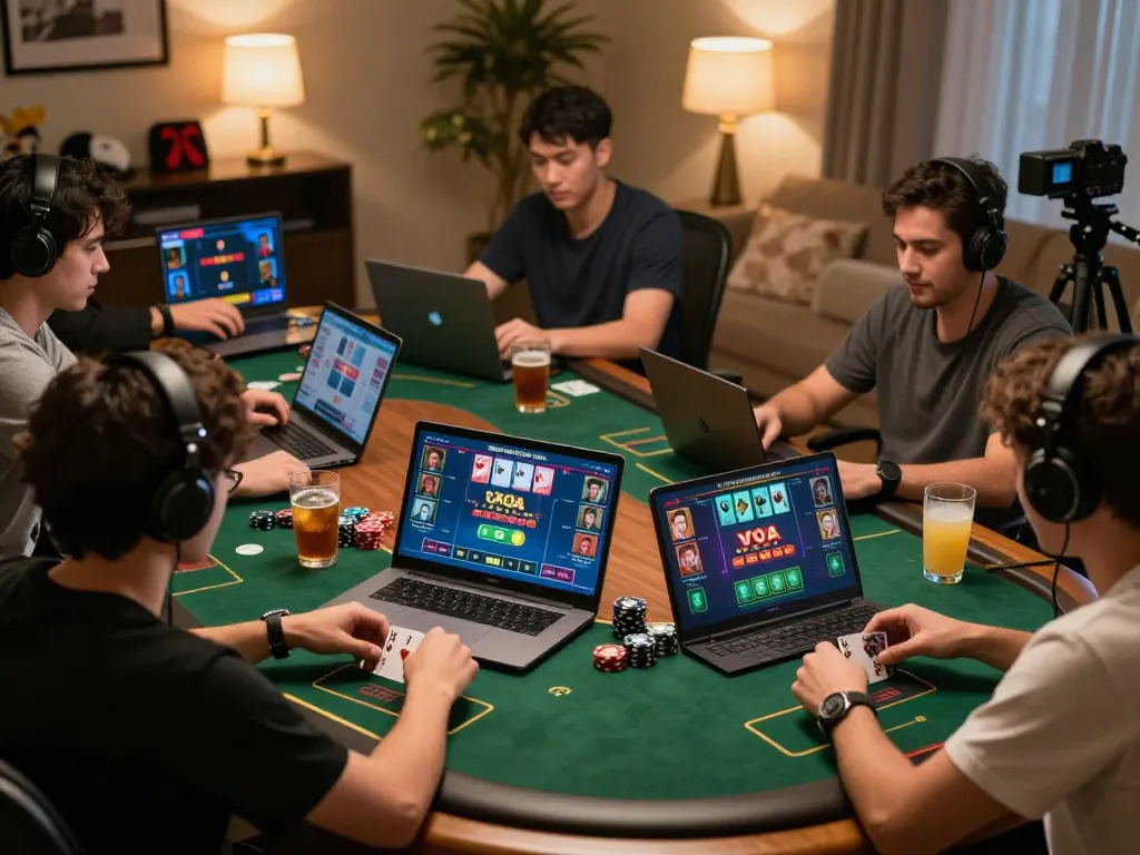 Players strategizing at home during an intense online GA88 poker session, showcasing excitement and friendly competition.