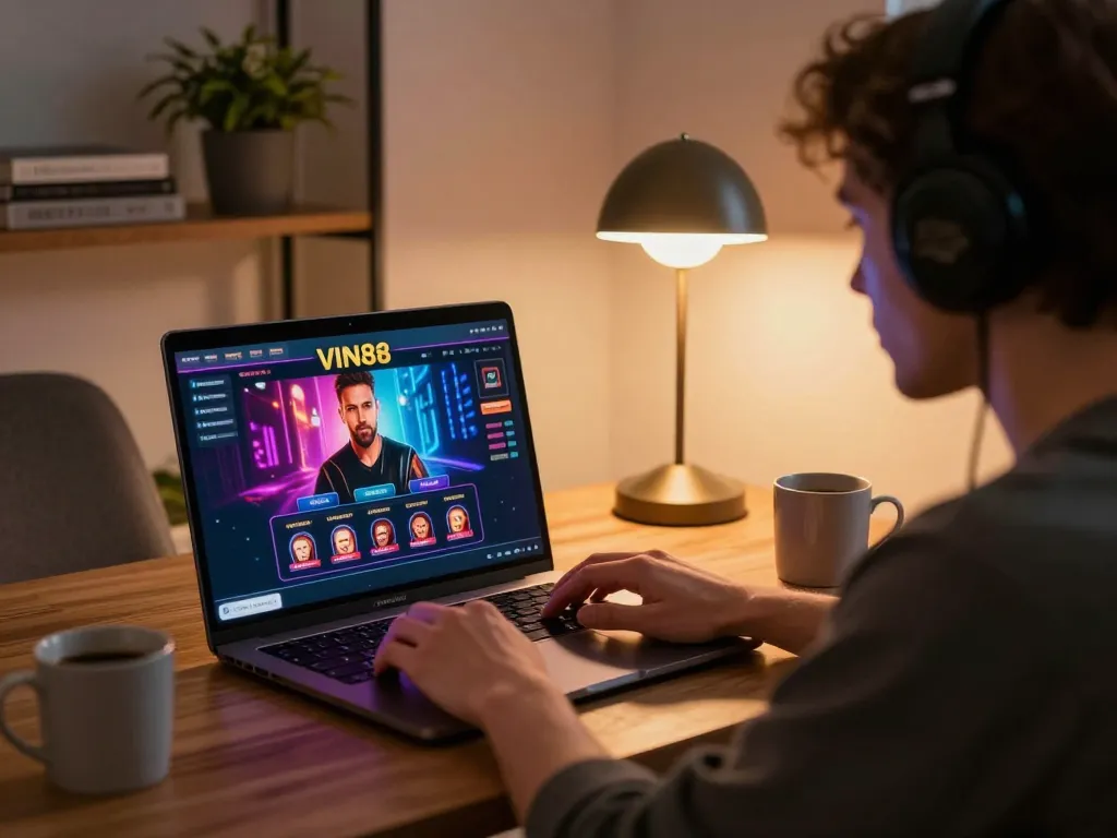 Engaging with VIN88 online casino from a stylish home setup, showcasing laptop gameplay and a strategic approach.