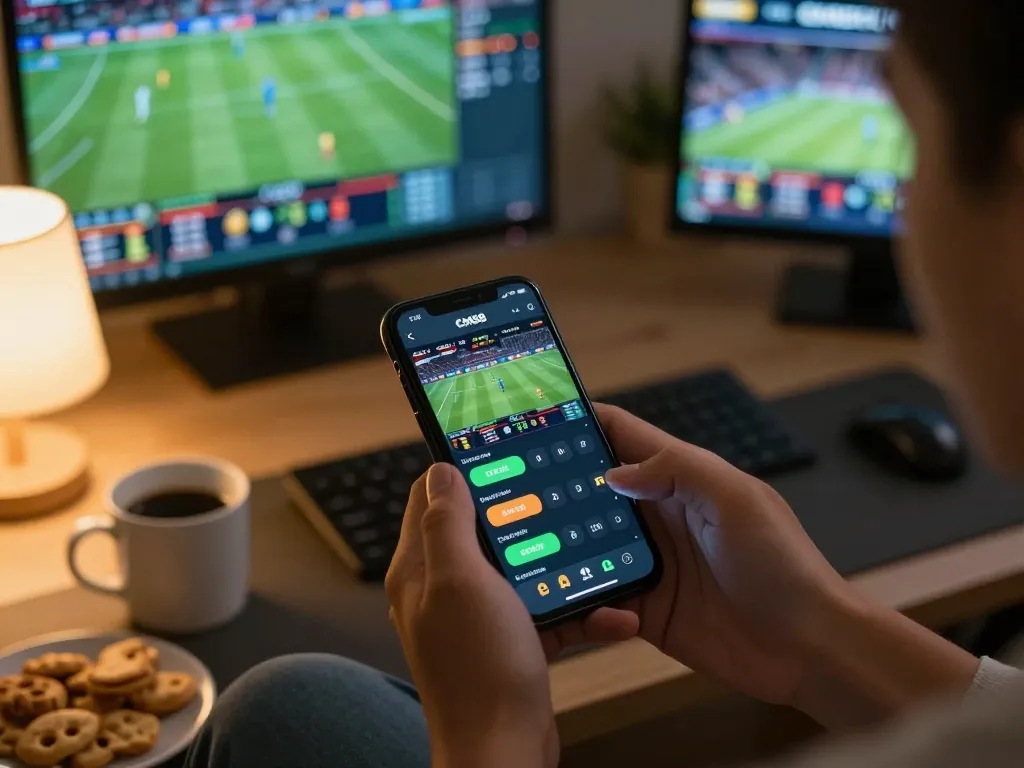 Engaging moment with CM88 app showing live sports betting options on smartphone in a cozy living room setting.
