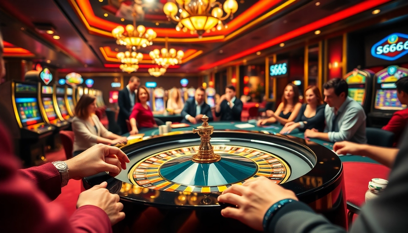 Experience the excitement of s666 at a luxurious roulette table surrounded by eager players.
