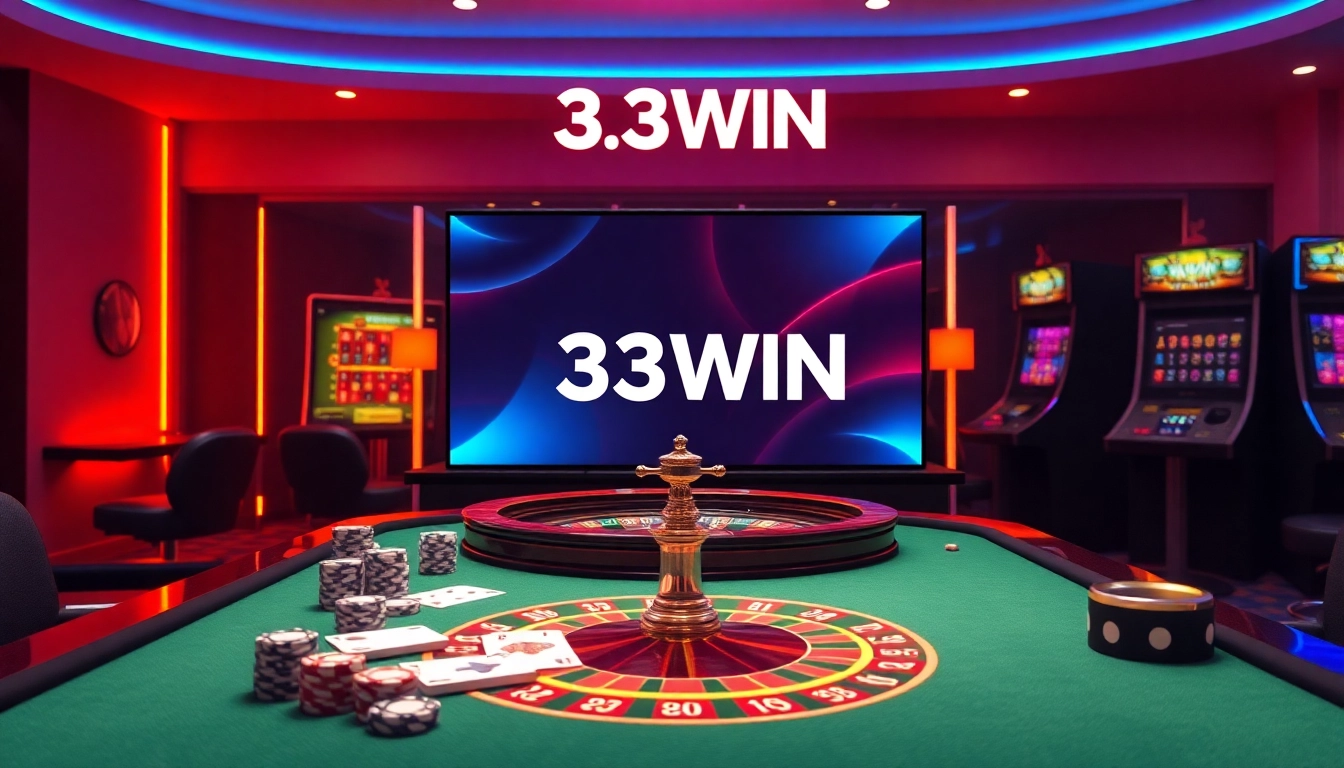 Experience the thrill of 33WIN with luxurious casino elements and digital gaming setups.