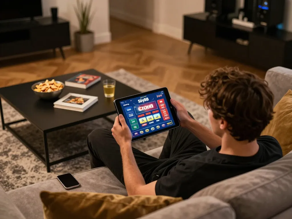 Person enjoys online gambling experience with Sky88 chính thức on tablet, surrounded by cozy home atmosphere
