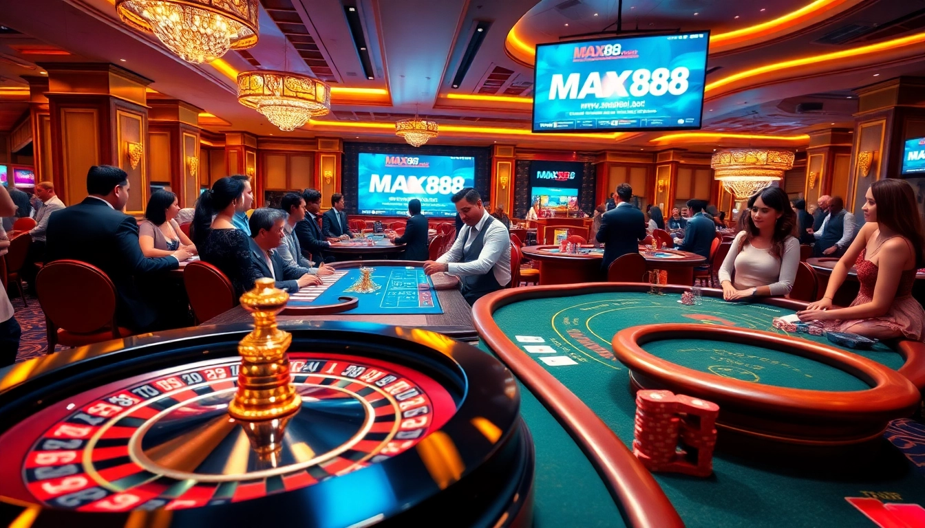 Enhance your gambling experience at https://max88.bz/ with a professional casino scene featuring excited players and luxury decor.