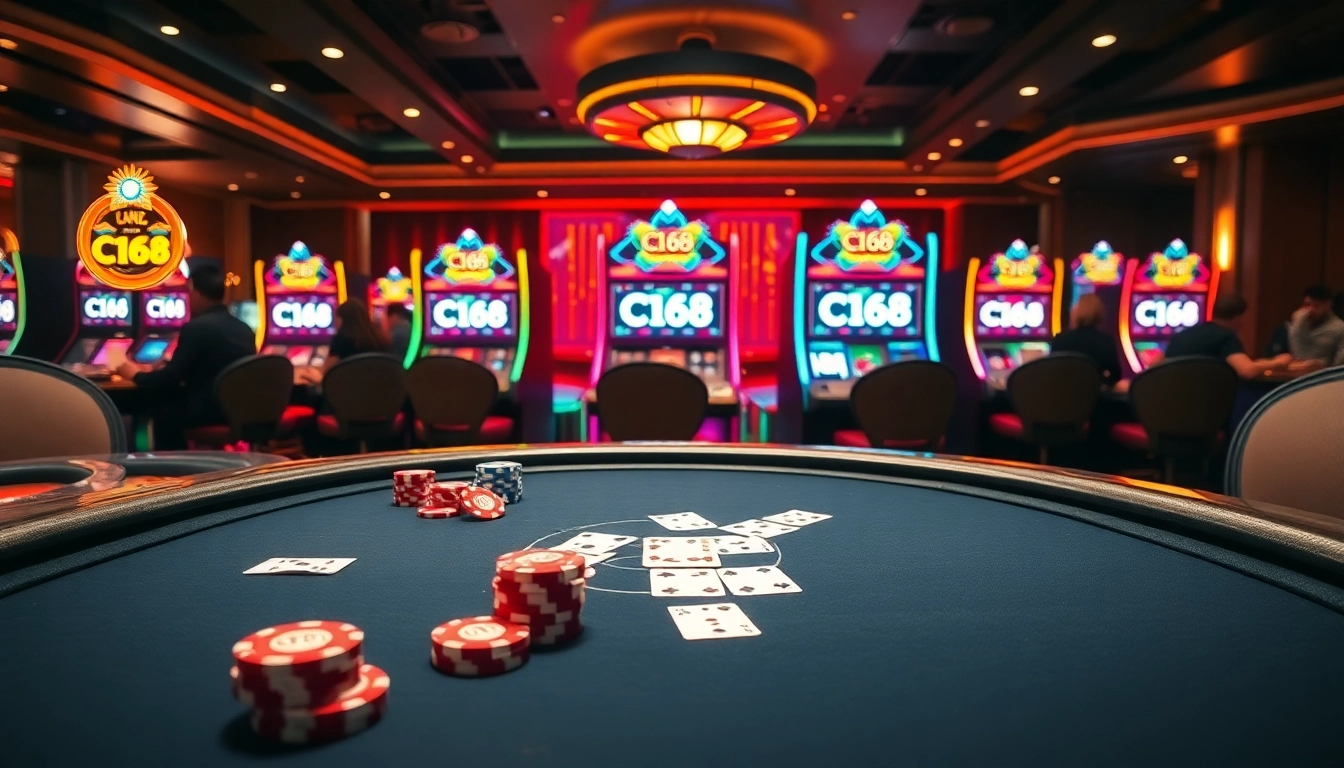 Players enjoying a thrilling game at C168 casino, surrounded by vibrant slot machines and blackjack action.