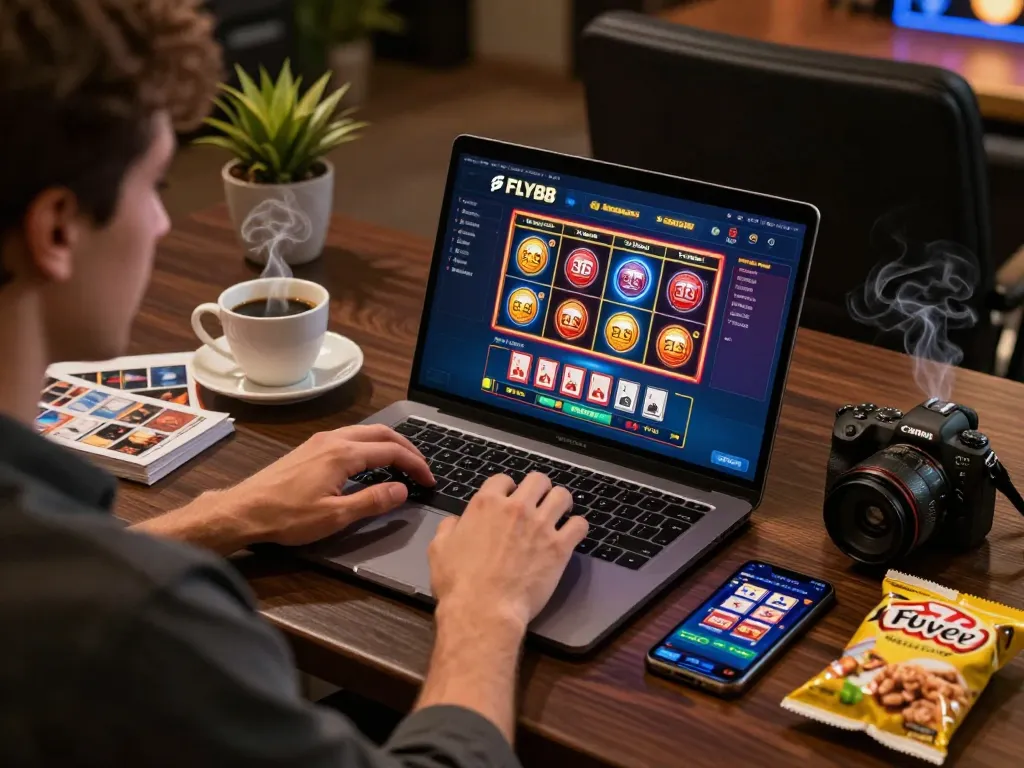 Player engaging with FLY88's online casino games at home, showcasing a cozy gaming atmosphere.