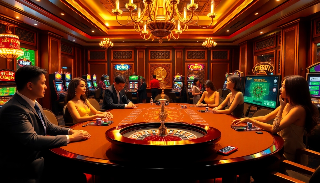 Cá cược Lucky88 players engaging in thrilling casino games in an upscale setting.