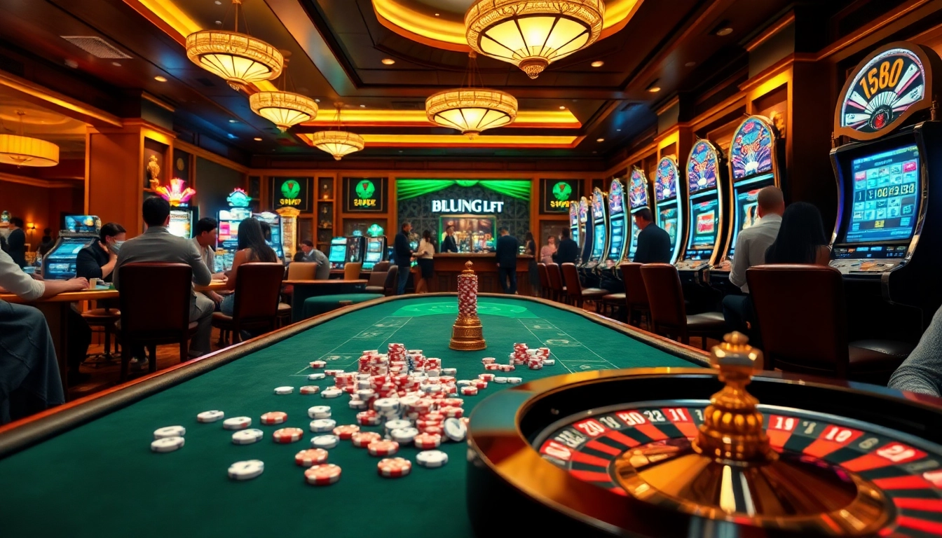 Dynamic casino gaming experience at TT88 featuring poker chips, roulette wheel, and vibrant slot machines.