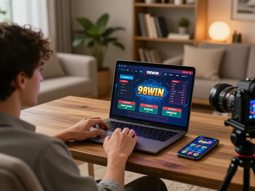 Engaging online gambling setup featuring the 98WIN interface on a laptop, showcasing responsible gaming.