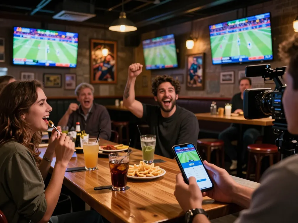 Patrons cheering for their teams while placing RR99 bet on smartphone in a lively sports bar.