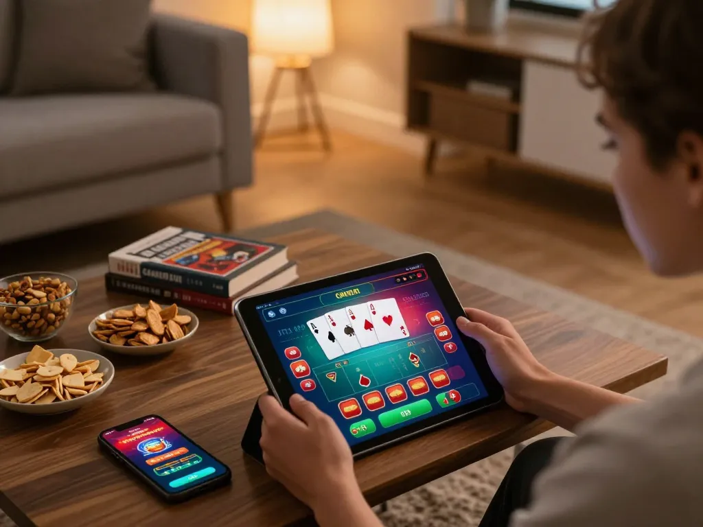 Engaging in online poker at Jun88 com with colorful app interface and cozy home setting.