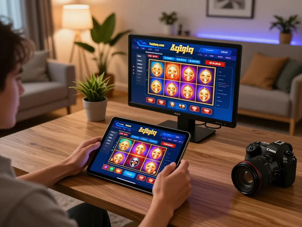 Engaging with top88pq.com interface on a tablet in a stylish home gaming setup