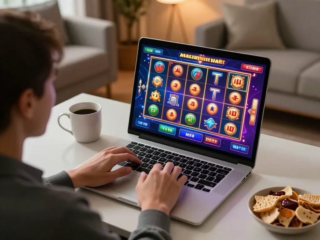 MI88 player enjoying online casino games on a laptop in a cozy home setting
