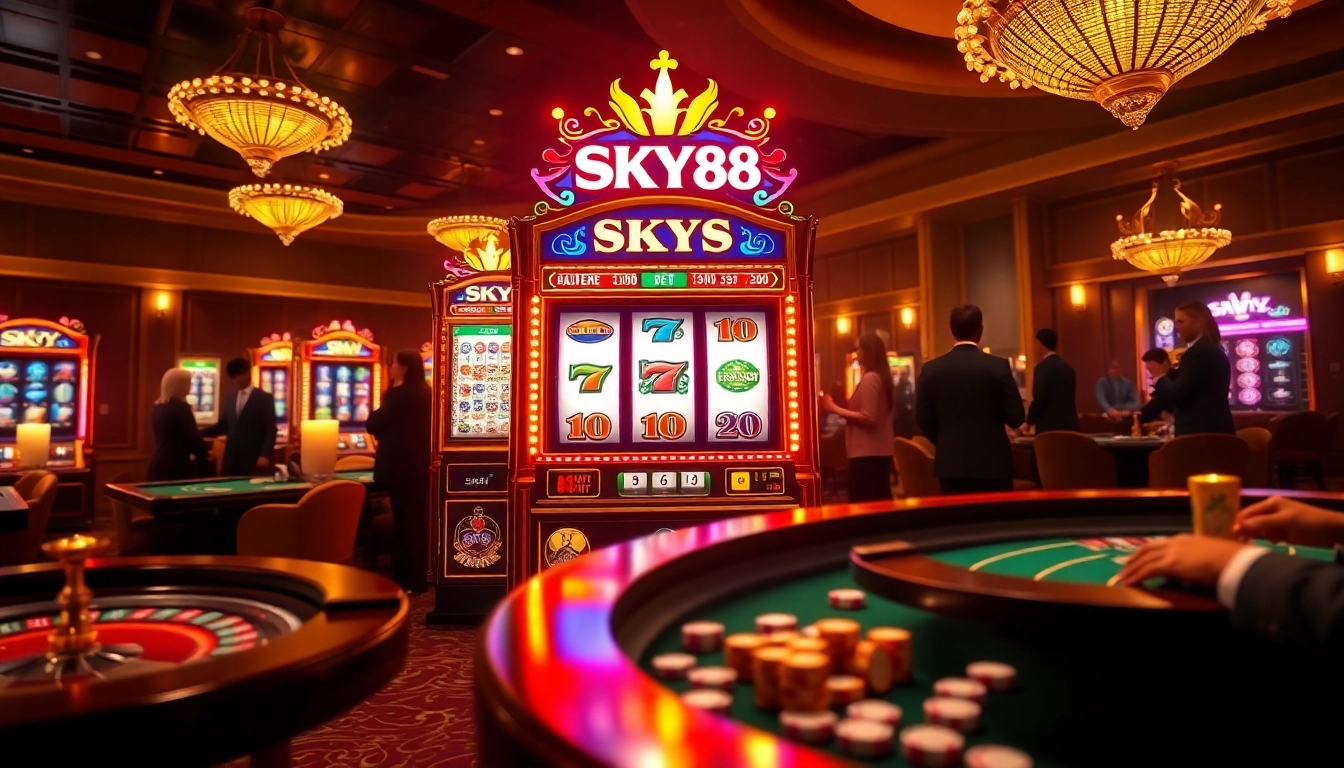 Excited gamblers enjoying the SKY88 slot machine amidst a vibrant casino atmosphere.