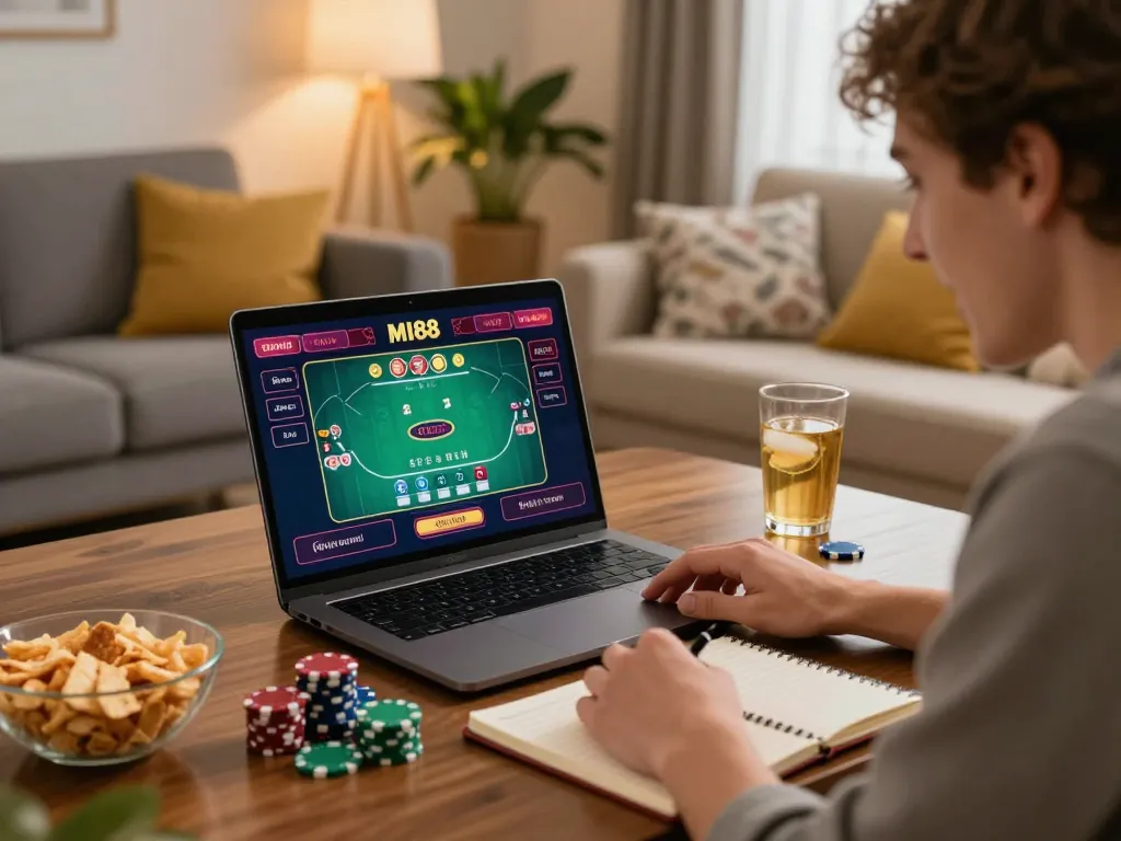 Player strategizing on MI88 during an online poker session in a cozy home setting.