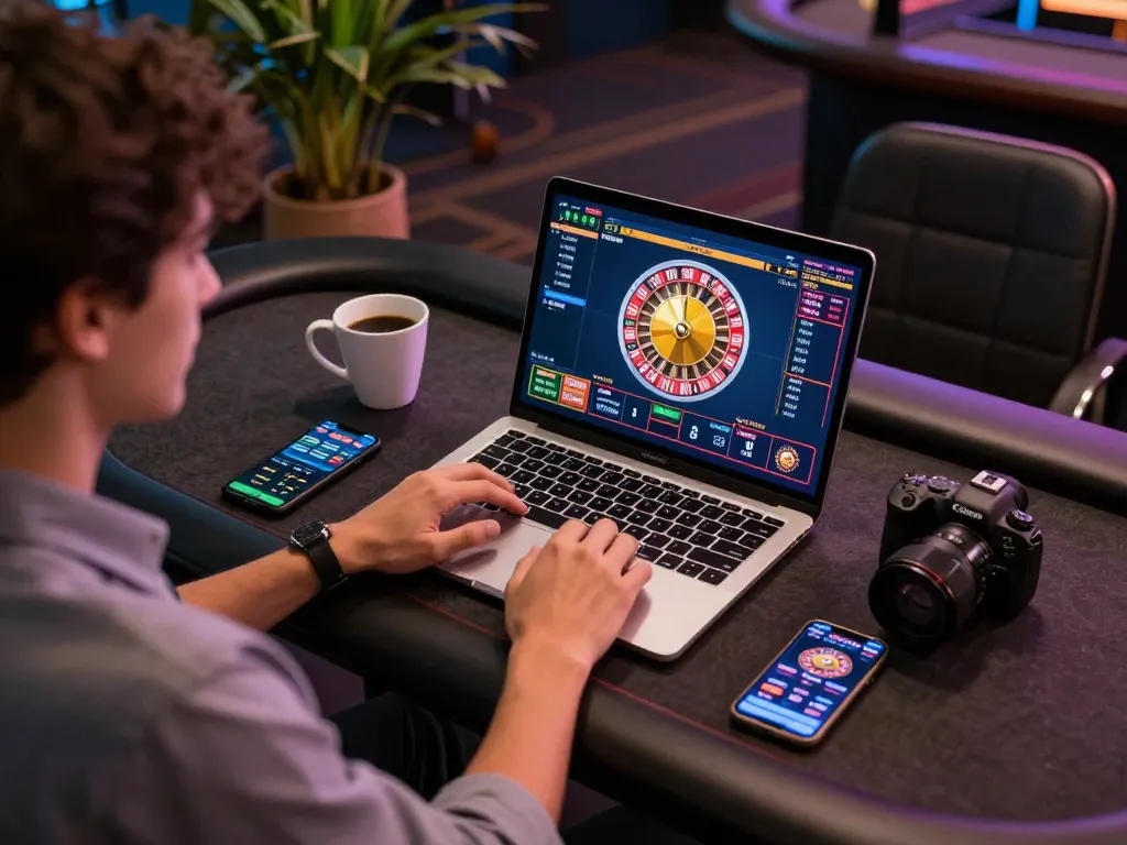Person engaging in online casino gaming with cm88 on laptop at home, strategic betting atmosphere