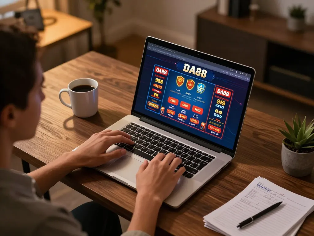 Engaging with DA88's online casino platform during a focused gaming session at home.