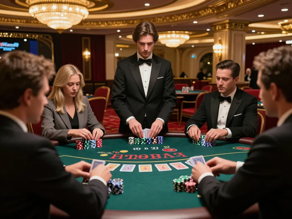 Players strategizing at an alo8 blackjack table with colorful chips in a luxurious casino.